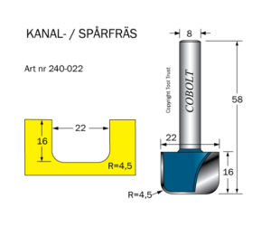 Kanalfräs R=4.5 D=22 L=16 TL=5