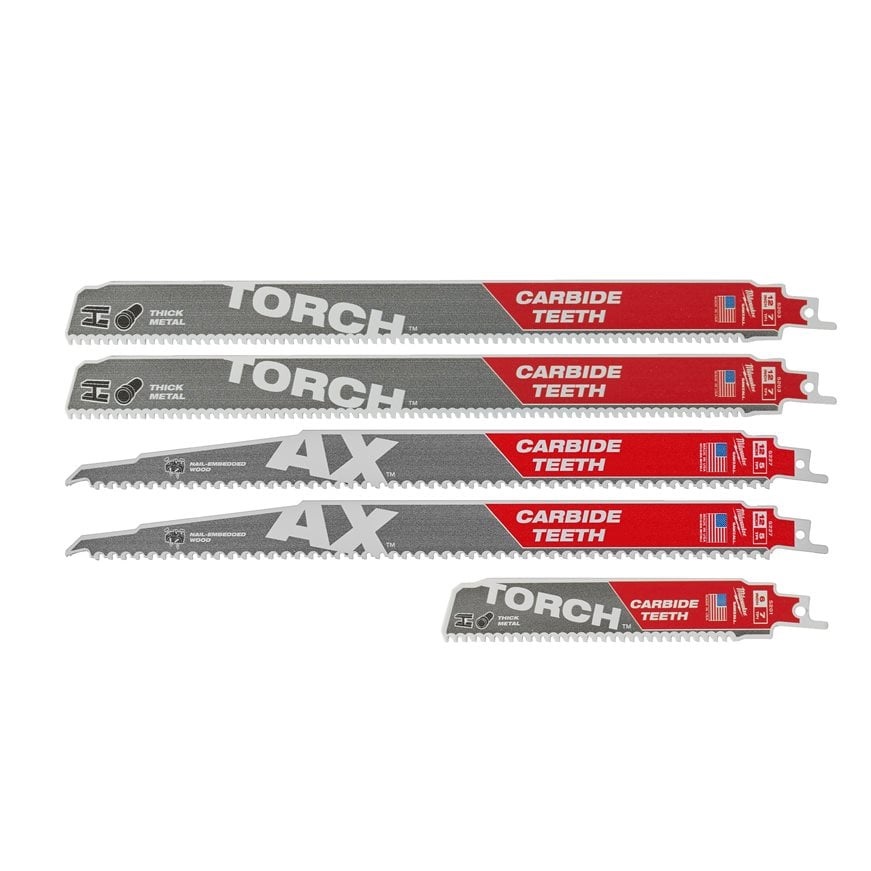 Milwaukee SAWZALL TCT tigersågbladsats 5 delar med AX CARBIDE och TORCH CARBIDE artikelnummer 49222206.