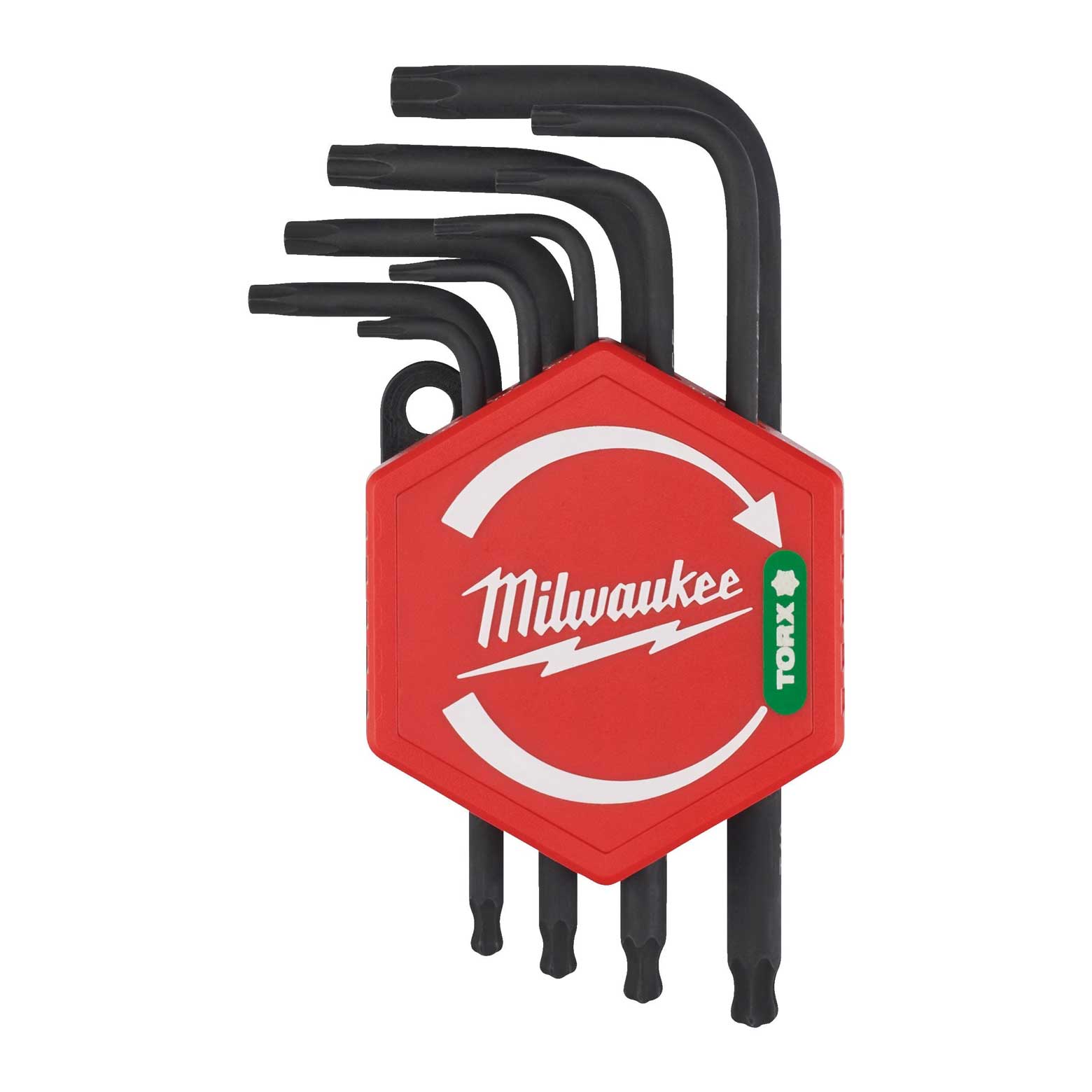 Milwaukee kompakt L-formad TORX-nyckelsats 4932492703 med nio nycklar T8–T40 och förvaringshållare.