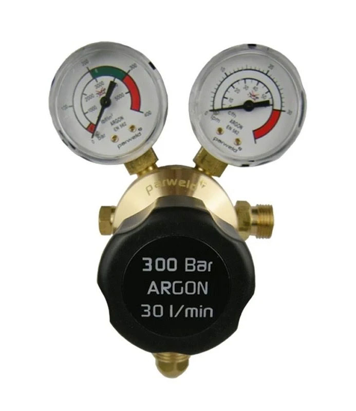 Parweld regulator för argon och blandgas E700123 med dubbla manometrar.