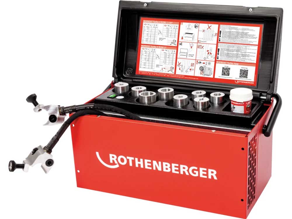 Rothenberger ROFROST Turbo II R290 elektrisk rörfrys 1500004196 med frysklämmor och reduceringsinsatser.