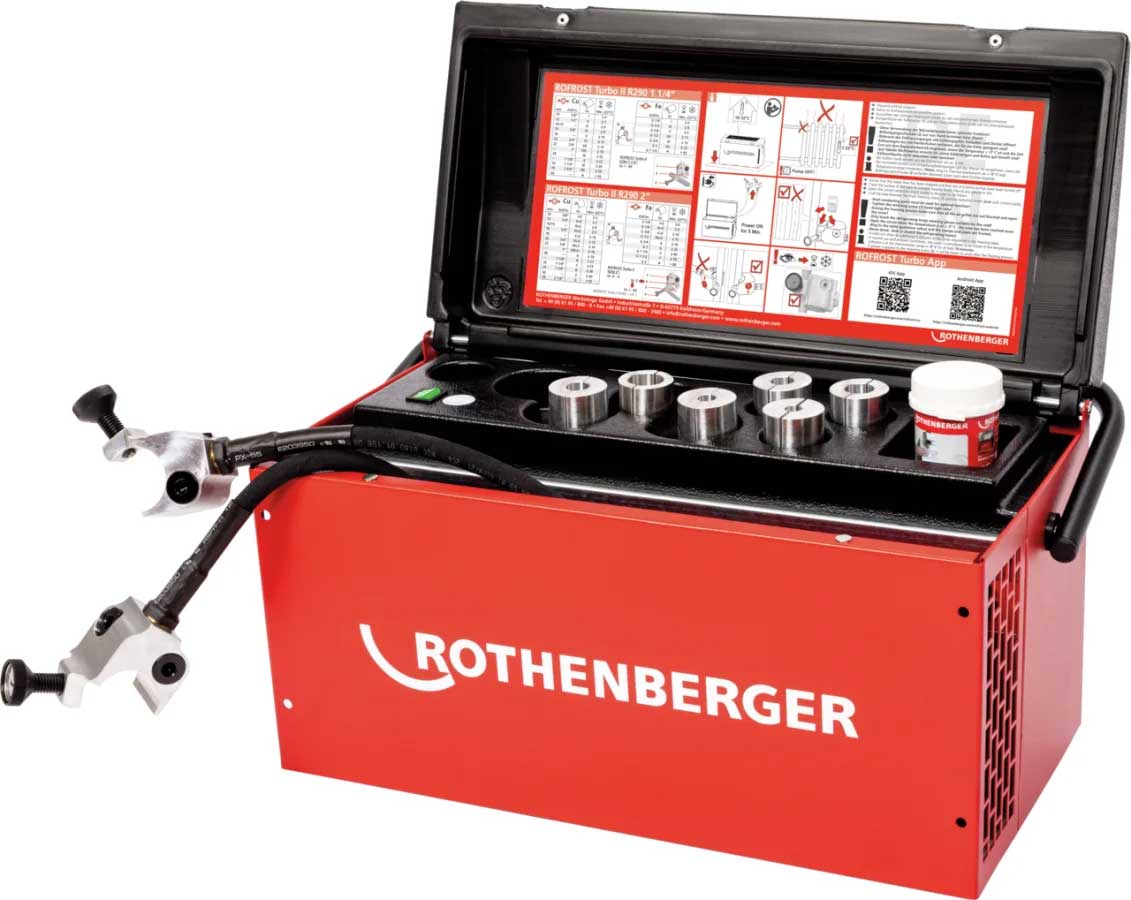 ROTHENBERGER ROFROST Turbo II R290 rörfrysmaskin 1 1/4 tum med sex reduceringsinsatser.