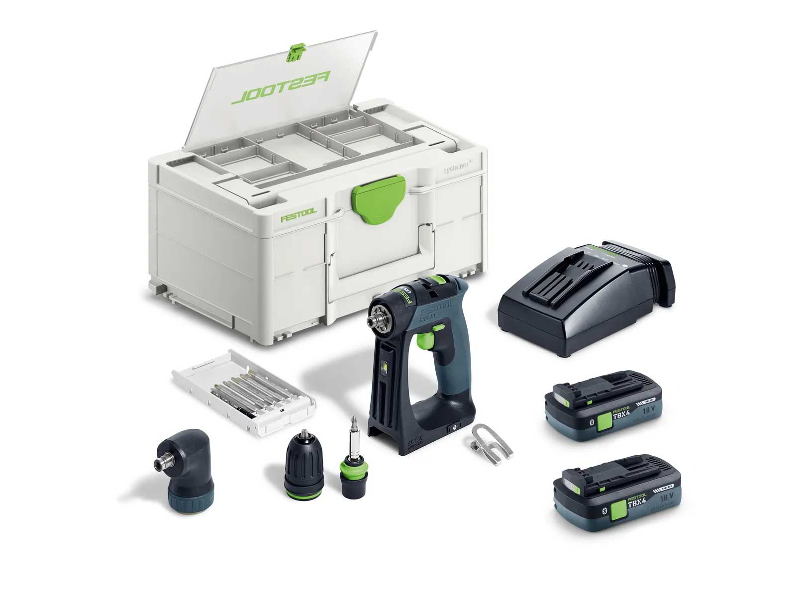 Festool CXS 18 TBX 4,0 I-Set skruvdragare med batterier och tillbehör.