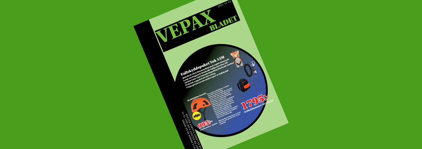 Vepax-bladet är en grön broschyr som innehåller fina erbjudanden på verktyg och maskiner mm.